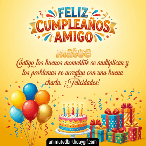 GIF animado de cumpleaños para Mateo: Regalos. Personalizable con mensaje.