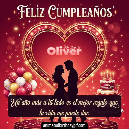 GIF animado de cumpleaños para Oliver: Amor corazon rojo. Personalizable con mensaje.