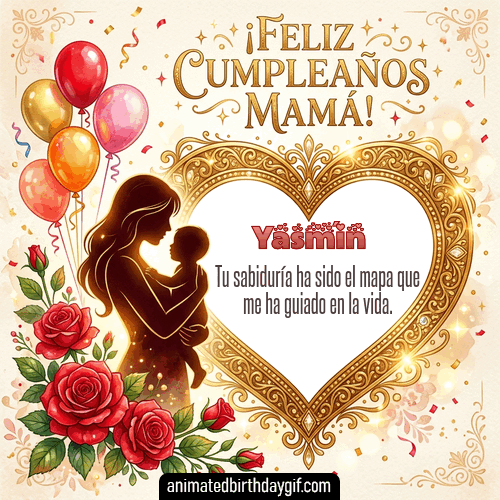GIF animado de cumpleaños para Yasmín: Madre e hijo. Personalizable con mensaje.